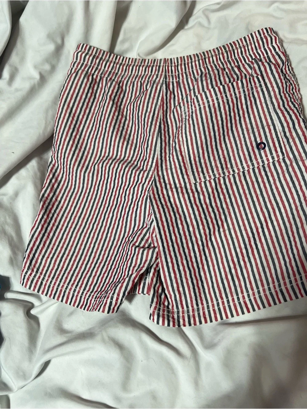 Kids Red, White & Navy Stripe Swim Trunks with Drawstring